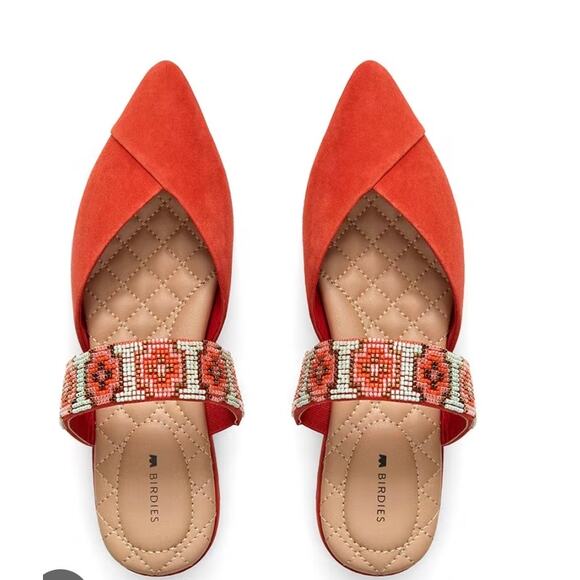 BIRDIES The Swan Flat Spice Cuff Slide Beaded Pointed Toe Suede Mule Sz 10.5 - Picture 1 of 11